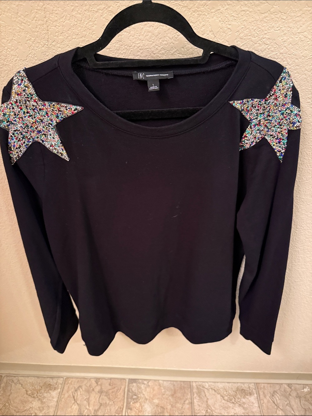 INC International Concepts Black Long Sleeve Top with Multicolor Sequin Stars